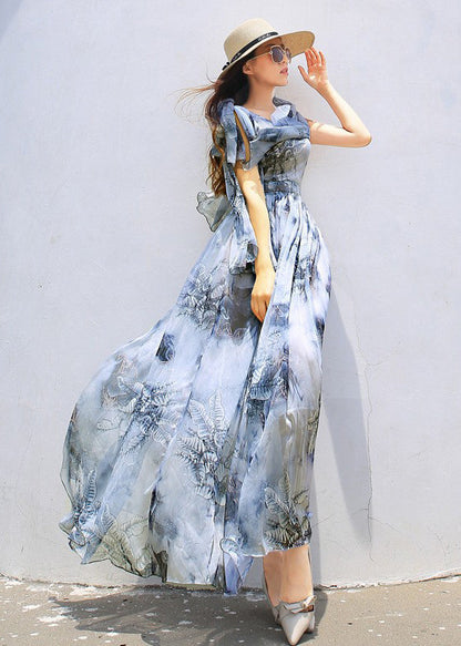 Stylish Green V Neck Chiffon Beach Long Dresses Flared Sleeve Ww1009