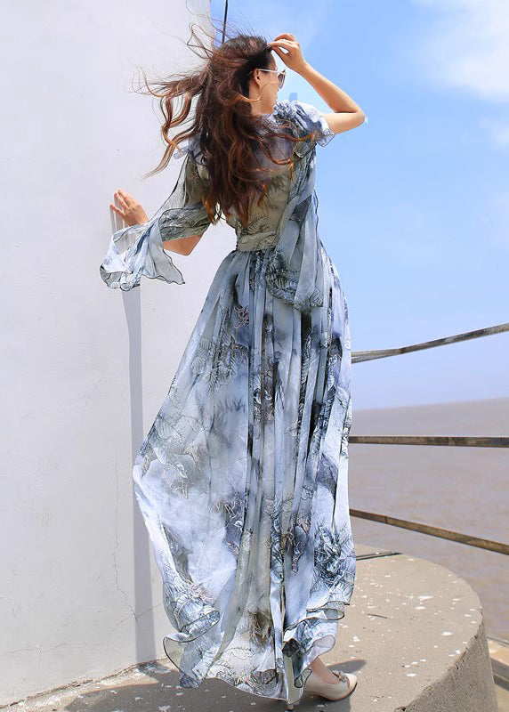 Stylish Green V Neck Chiffon Beach Long Dresses Flared Sleeve Ww1009