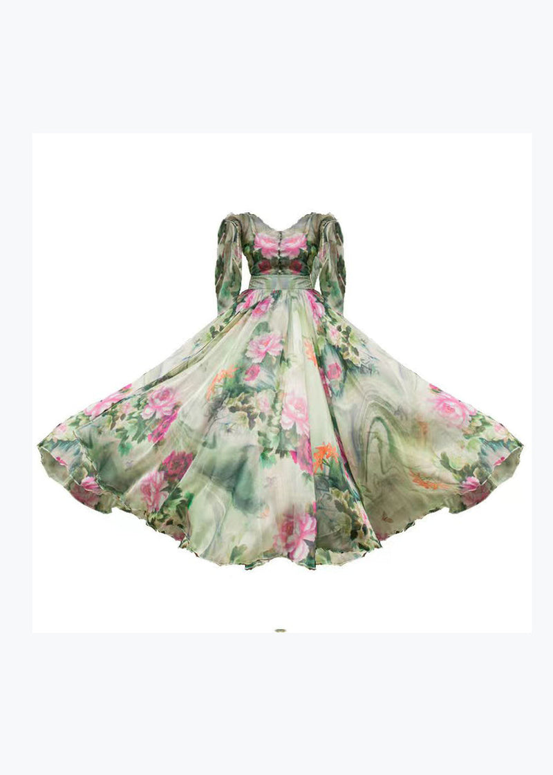 Stylish Green V Neck Chiffon Beach Long Dresses Flared Sleeve Ww1009