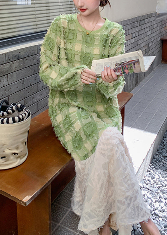 Stylish Green O-neck Plaid Patchwork Long Dress Spring Ta049