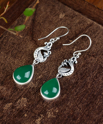 Stylish Green Sterling Silver Inlaid Water Drop Chalcedony Drop Earrings