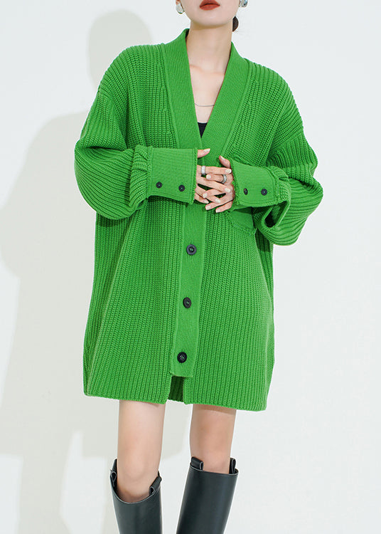 Stylish Green V Neck Button Patchwork Woolen Cardigan Fall Wn038