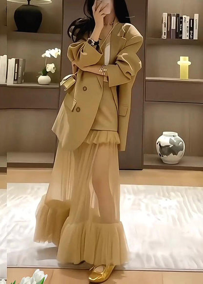 Stylish Khaki Suit Coat and Skirts Two Pieces Set Spring Yz017
