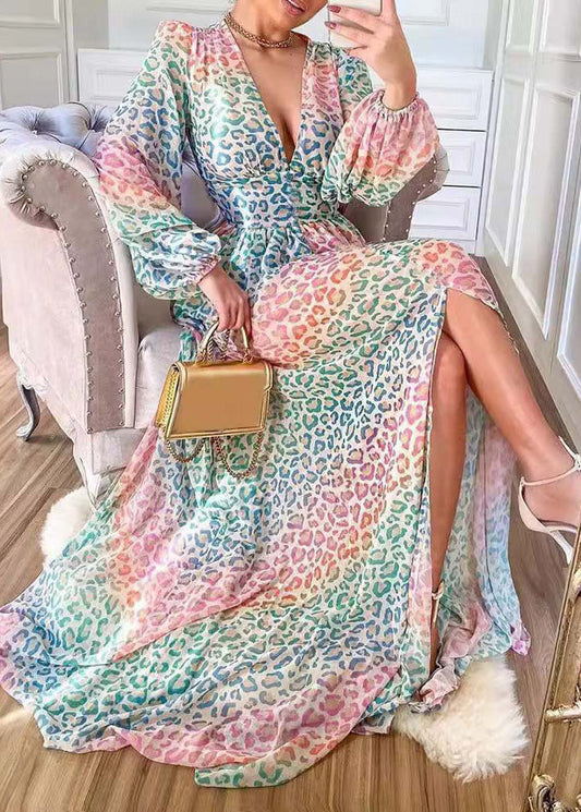 Stylish Leopard V Neck Side Open Cotton Long Dress Lantern Sleeve Qr028
