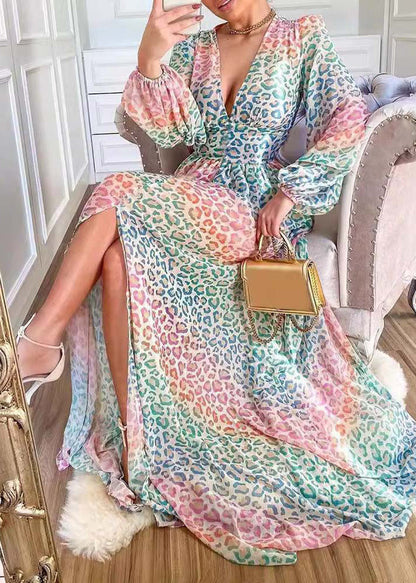 Stylish Leopard V Neck Side Open Cotton Long Dress Lantern Sleeve Qr028