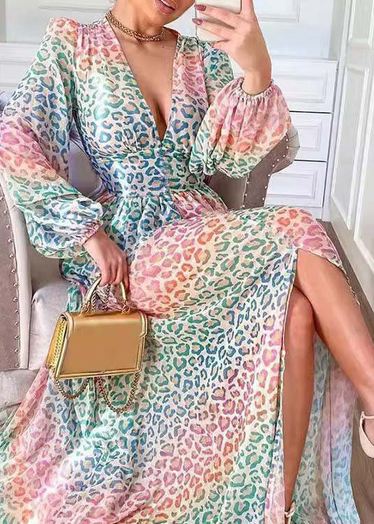 Stylish Leopard V Neck Side Open Cotton Long Dress Lantern Sleeve Qr028
