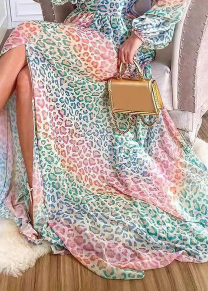 Stylish Leopard V Neck Side Open Cotton Long Dress Lantern Sleeve Qr028