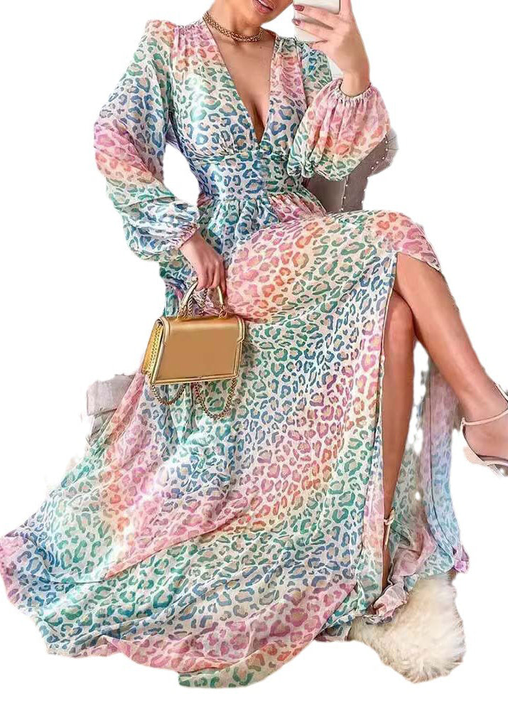 Stylish Leopard V Neck Side Open Cotton Long Dress Lantern Sleeve Qr028