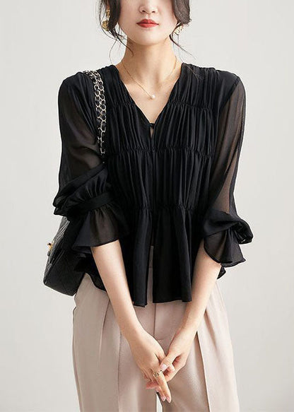 Stylish Light Brown V Neck Wrinkled Patchwork Cotton Blouse Top Spring Tz037