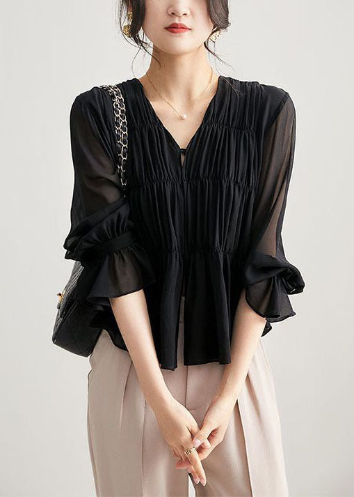 Stylish Light Brown V Neck Wrinkled Patchwork Cotton Blouse Top Spring Tz037