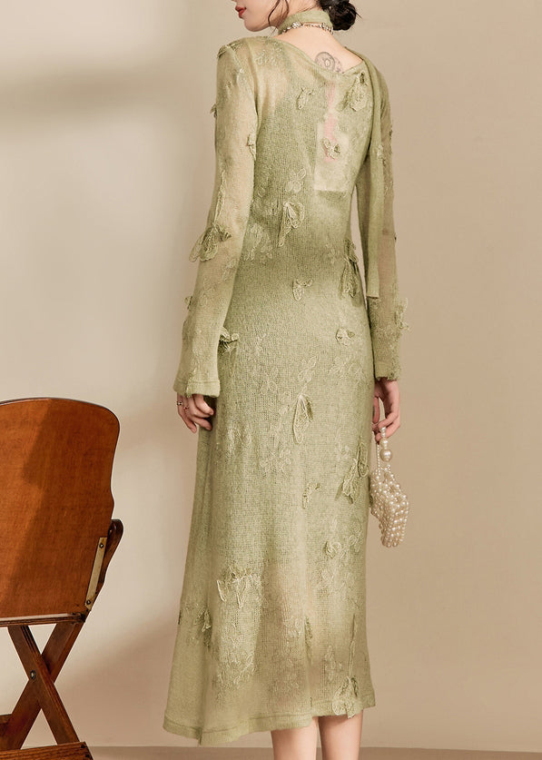 Stylish Light Green O-neck Butterfly Knit Long Dress Fall Om001