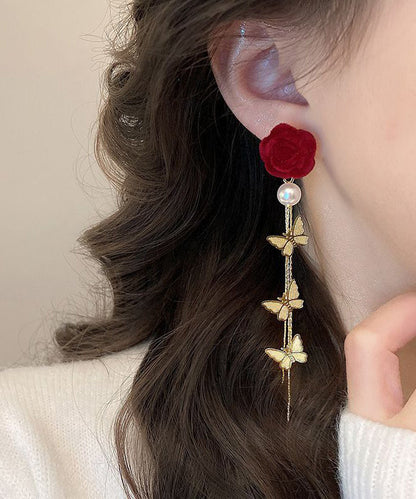 Stylish Mulberry Sterling Silver Alloy Flocking Pearl Butterfly Drop Earrings