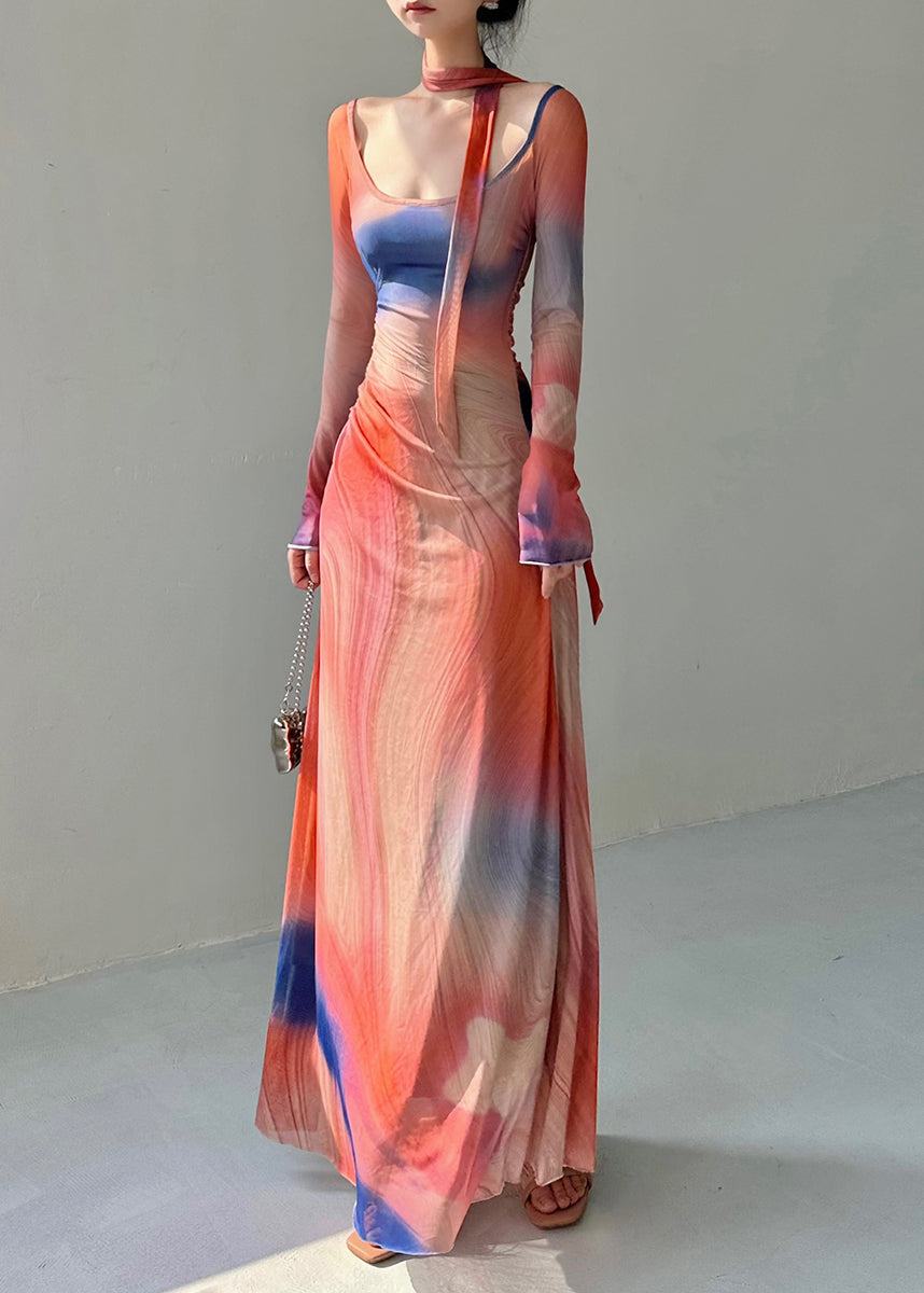 Stylish O Neck Print Slim Fit Tulle Long Dresses Fall Al1069
