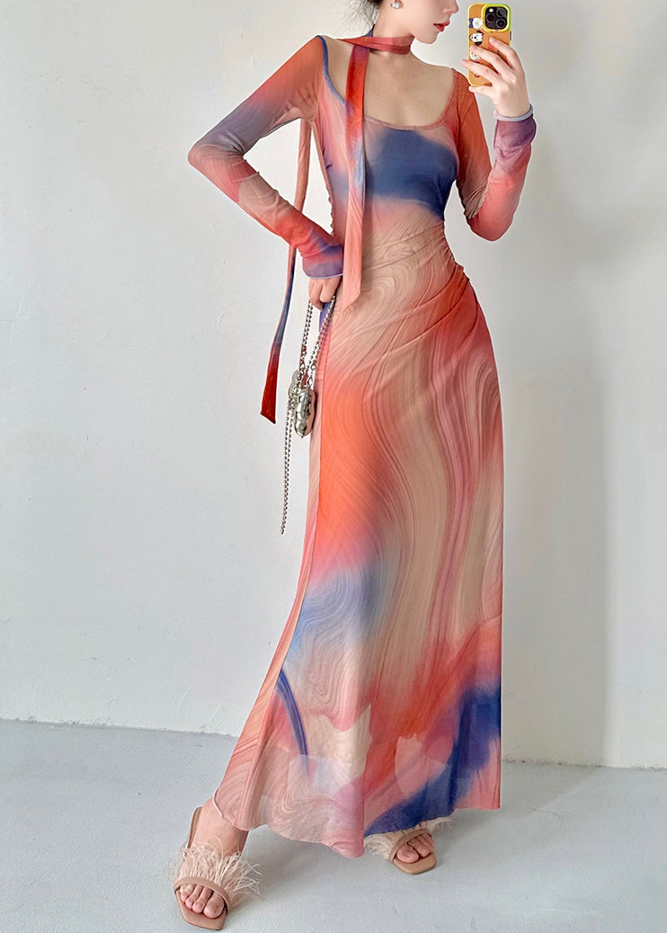 Stylish O Neck Print Slim Fit Tulle Long Dresses Fall Al1069