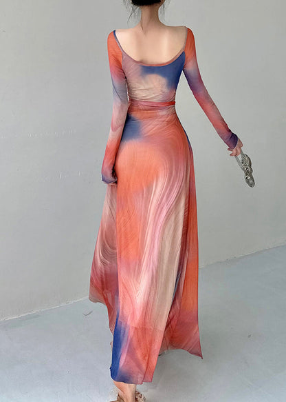 Stylish O Neck Print Slim Fit Tulle Long Dresses Fall Al1069