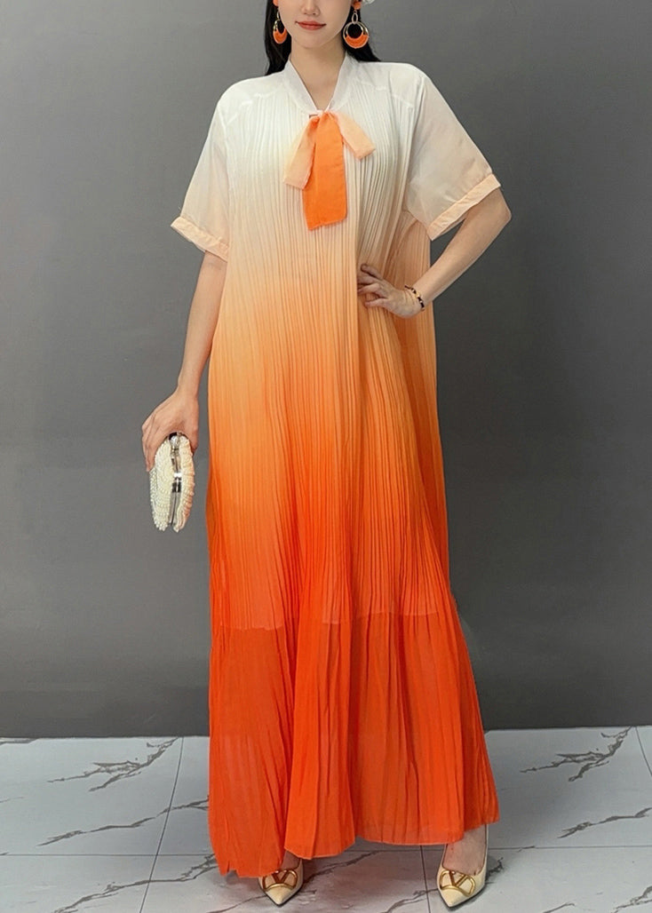 Stylish Orange Bow Wrinkled Maxi Dresses Summer Aj1021