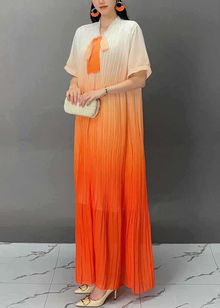 Stylish Orange Bow Wrinkled Maxi Dresses Summer Aj1021