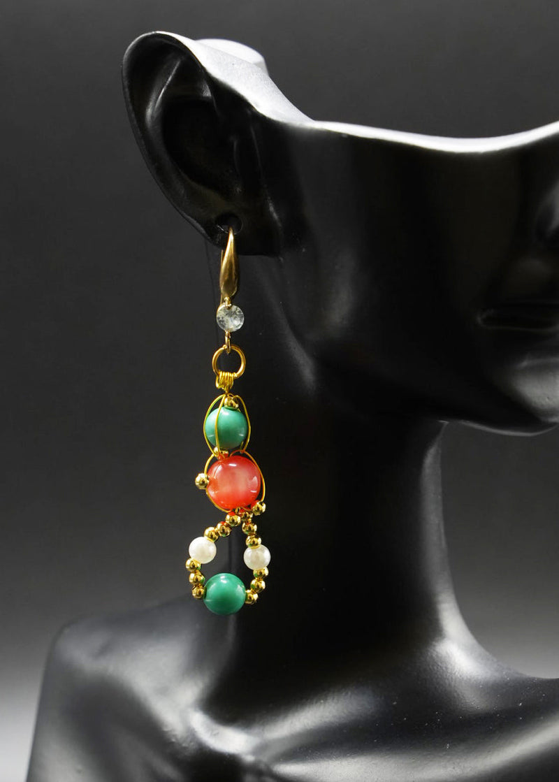Stylish Orange Crystal and Fine Turquoise Drop Earrings