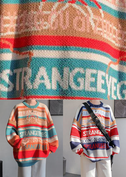 Stylish Orange O Neck Striped Knit Sweaters Winter Rc032