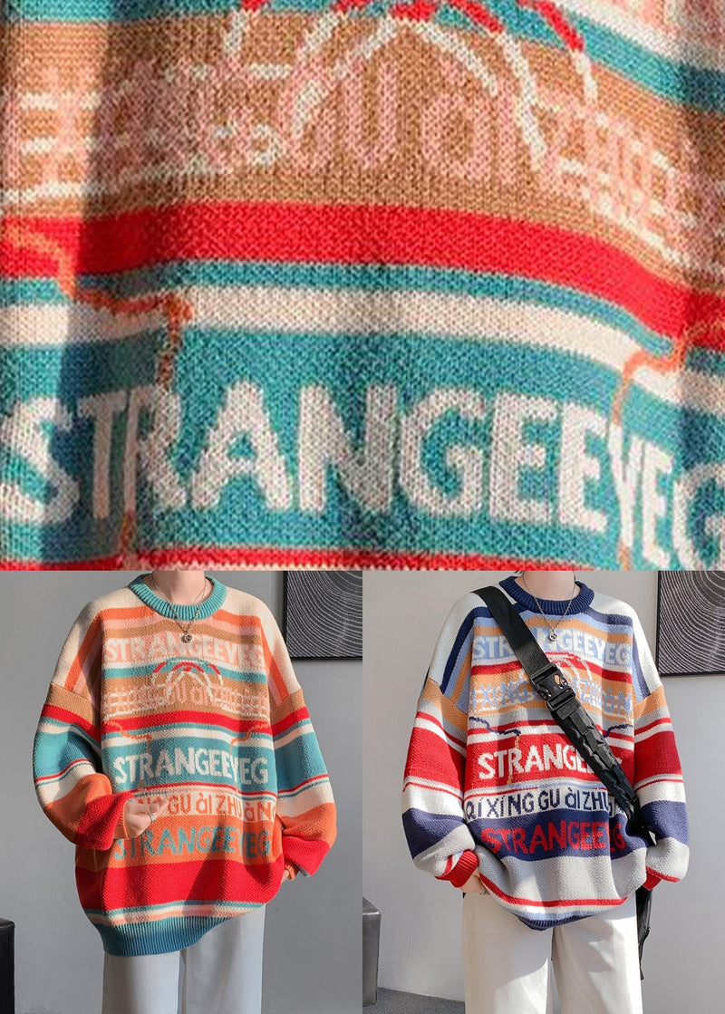 Stylish Orange O Neck Striped Knit Sweaters Winter Rc032