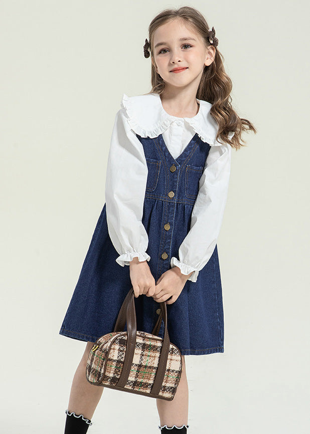 Stylish Peter Pan Collar Button Kids Long Dress and Shirts Two Pieces Set Spring Tg013