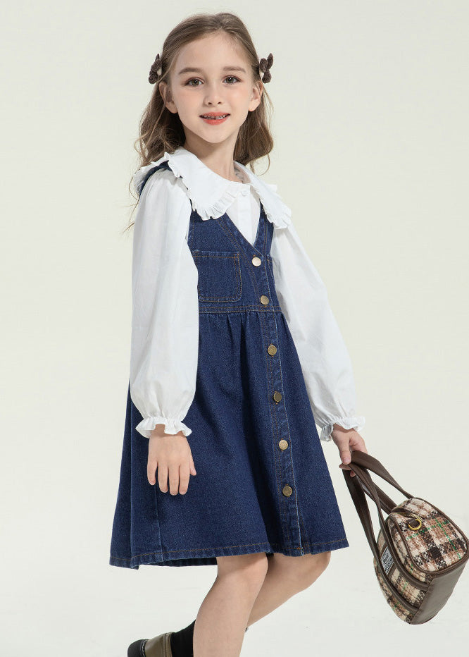 Stylish Peter Pan Collar Button Kids Long Dress and Shirts Two Pieces Set Spring Tg013