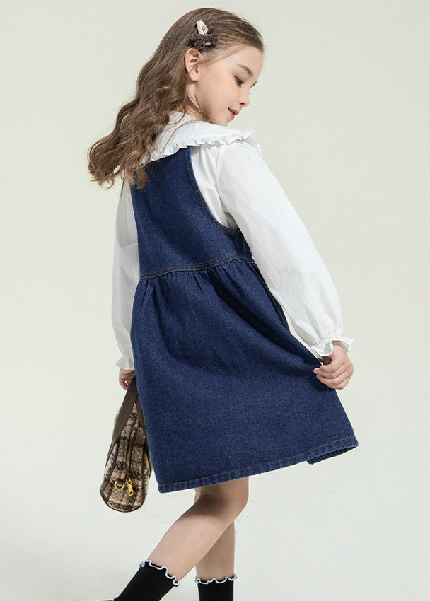 Stylish Peter Pan Collar Button Kids Long Dress and Shirts Two Pieces Set Spring Tg013