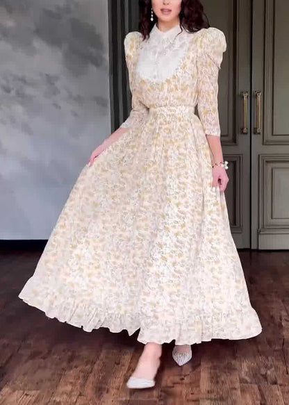 Stylish Peter Pan Collar Print Patchwork Cotton Long Dress Fall Ql029