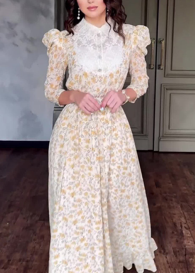 Stylish Peter Pan Collar Print Patchwork Cotton Long Dress Fall Ql029