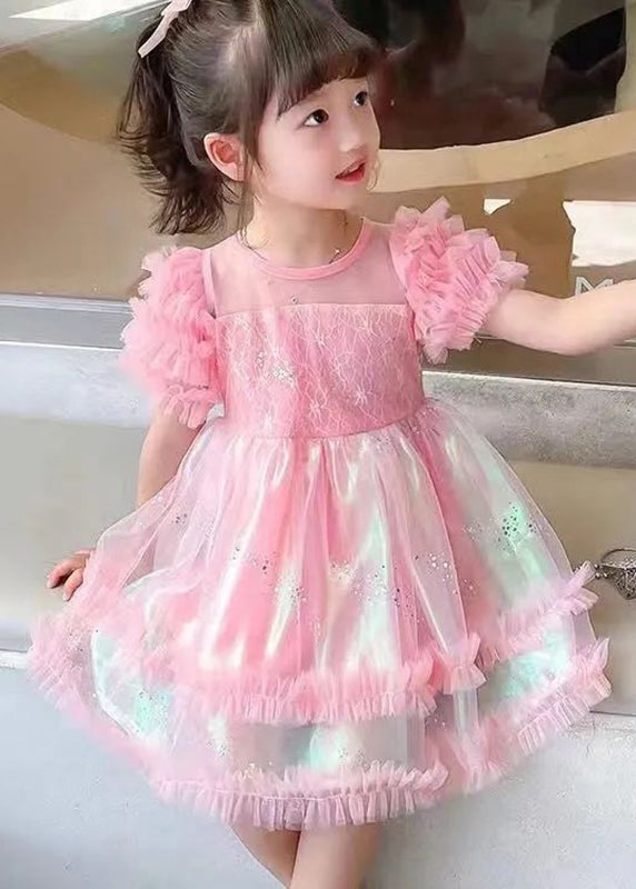 Stylish Pink Sequins Flattering Tulle Long Dresses Short Sleeve Ew021