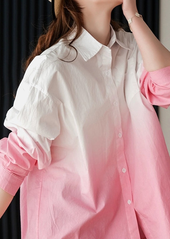 Stylish Pink Gradient Peter Pan Collar Cotton Blouse Top Spring Ti032
