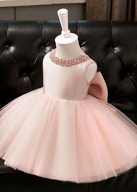 Stylish Pink Pearl Patchwork Bow Tulle Maxi Dresses Summer Ys005