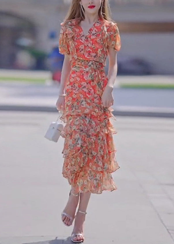 Stylish Print Ruffled Tie Waist Chiffon Long Dresses Summer Xx010