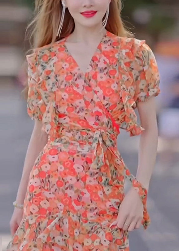 Stylish Print Ruffled Tie Waist Chiffon Long Dresses Summer Xx010