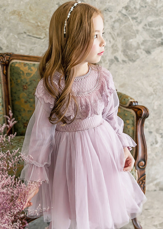 Stylish Purple O-neck Patchwork Tulle Maxi Dresses Lantern Sleeve Ye022