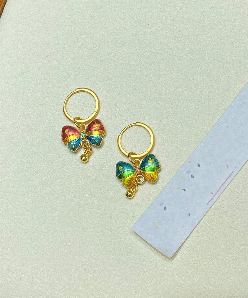 Stylish Rainbow Sterling Silver Overgild Butterfly Drip Glaze Hoop Earrings