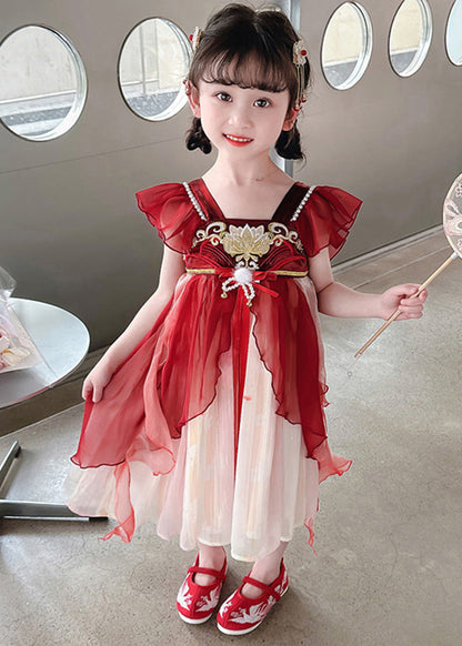 Stylish Red Square Collar Nail Bead Patchwork Chiffon Kids Long Dress Short Sleeve Gf019