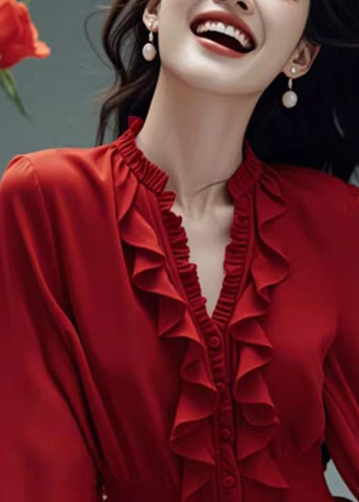 Stylish Red V Neck Ruffled Button Cotton Blouses Spring Rl048