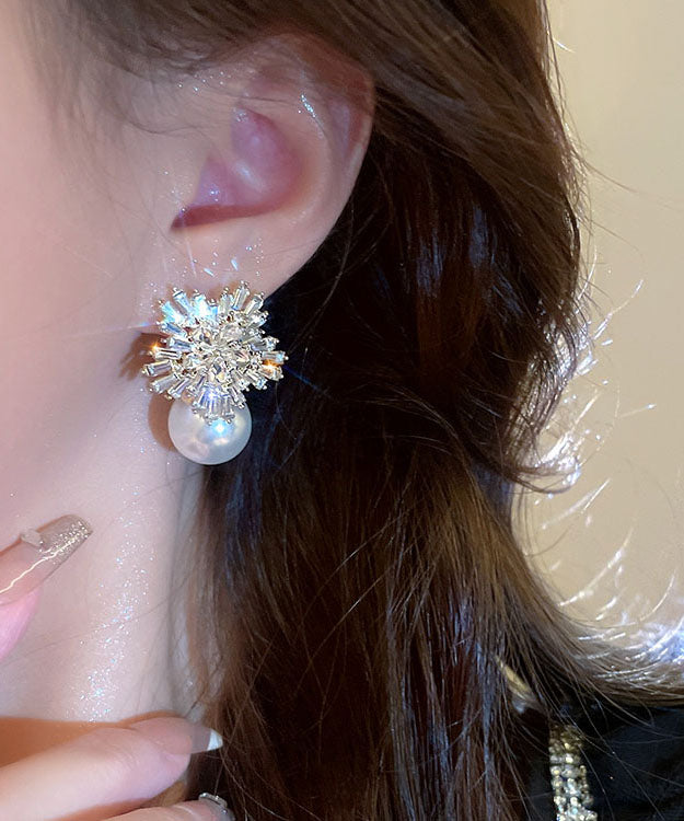 Stylish White Alloy Pearl Zircon Stud Earrings