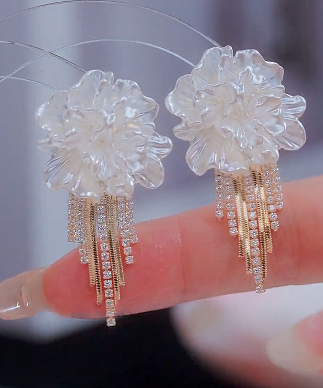 Stylish White Alloy Zircon Tassel Stud Earrings