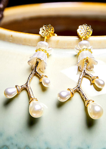 Stylish White Pearl 14k Gold Branch Drop Earrings
