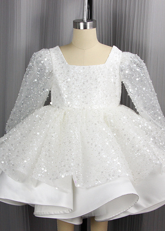 Stylish White Square Collar Sequins Patchwork Tulle Kids Long Dress Spring Yg001