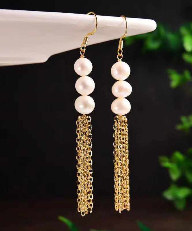 Sterling Silver Overgild Pearl Tassel Drop Earrings