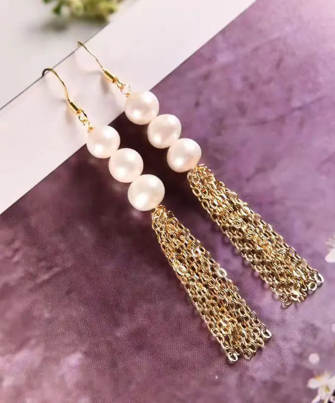 Sterling Silver Overgild Pearl Tassel Drop Earrings
