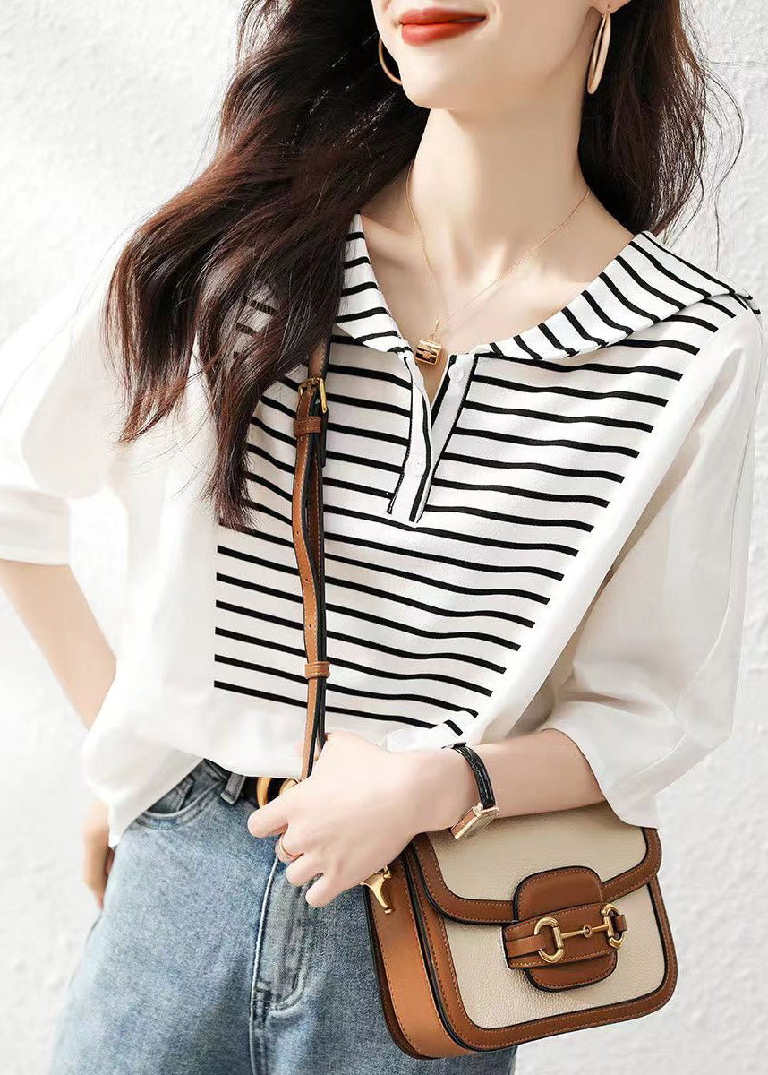 Stylish White Striped Sailor Collar Cotton Blouse Tops Summer Bv014