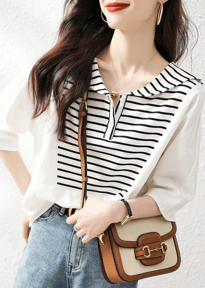 Stylish White Striped Sailor Collar Cotton Blouse Tops Summer Bv014