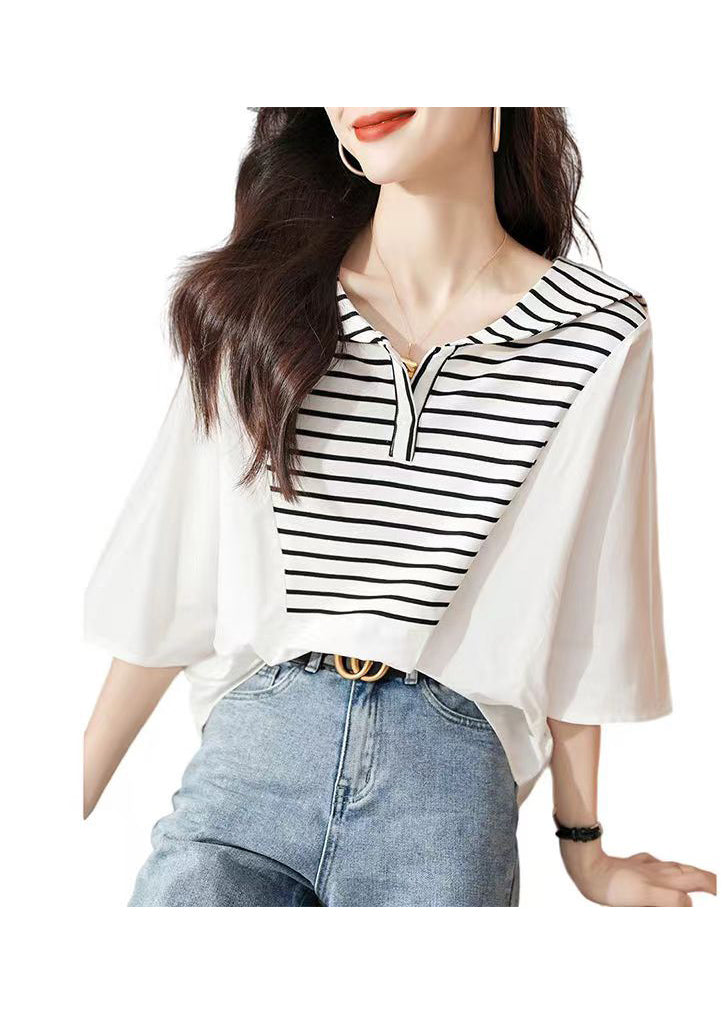 Stylish White Striped Sailor Collar Cotton Blouse Tops Summer Bv014