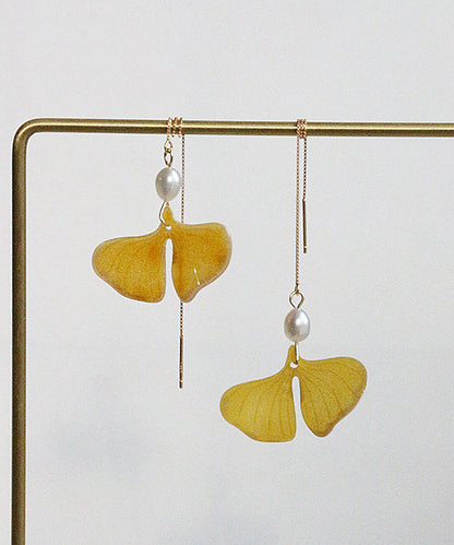 Stylish Yellow 14k Gold Pearl Ginkgo Leaf Tassel Drop Earrings Gh1070