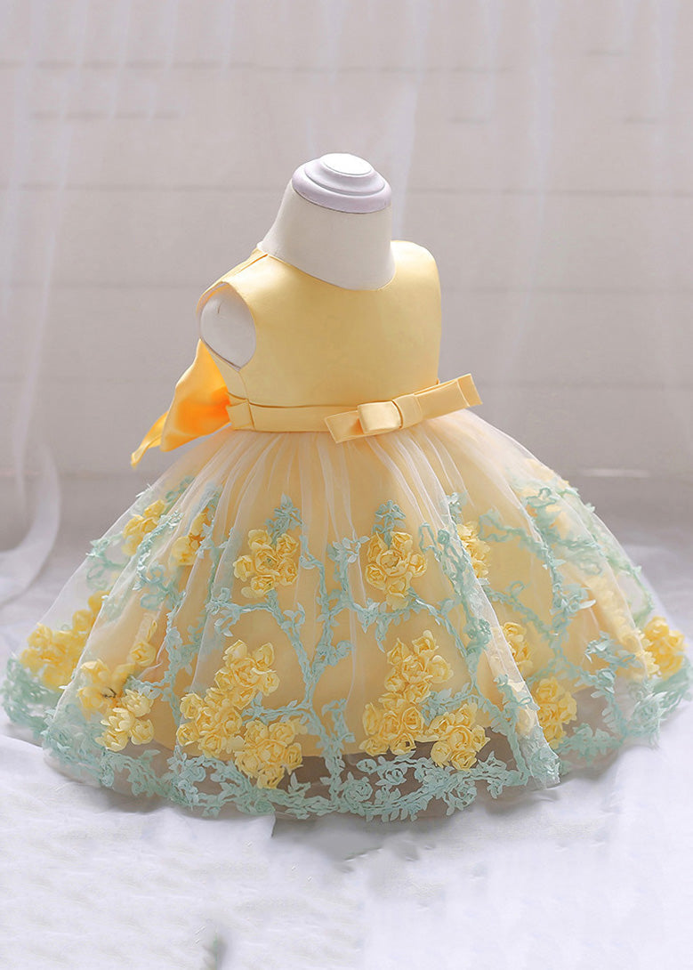 Stylish Yellow O-neck Embroideried Tulle Long Dresses Summer Ys031