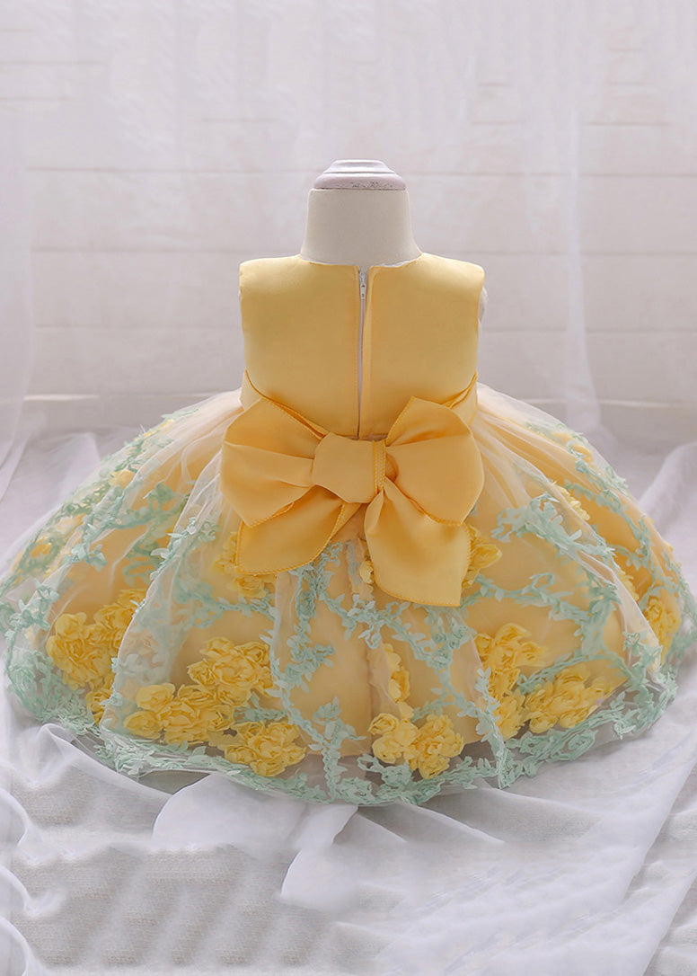 Stylish Yellow O-neck Embroideried Tulle Long Dresses Summer Ys031